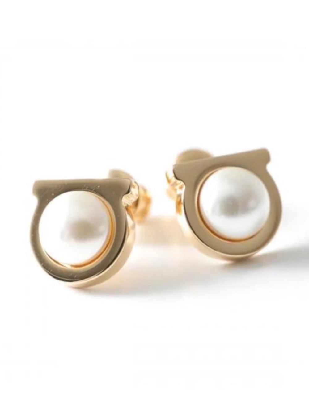 Salvatore Ferragamo Gancini Pearl Stud Earrings Gold & White